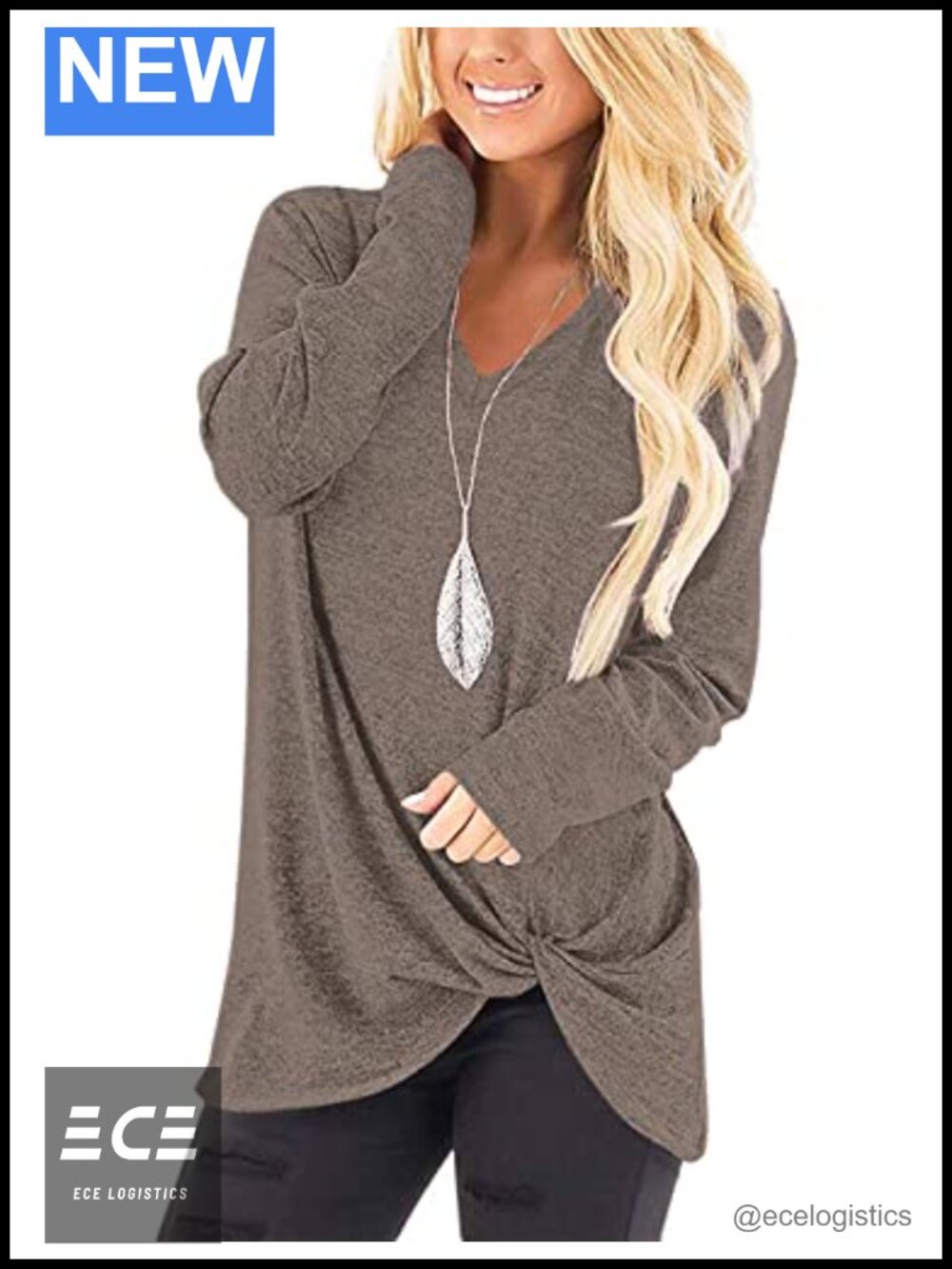 Womens V-Neck Long Sleeve Twist Knot Tunic Top Loose Fit Fall Tee